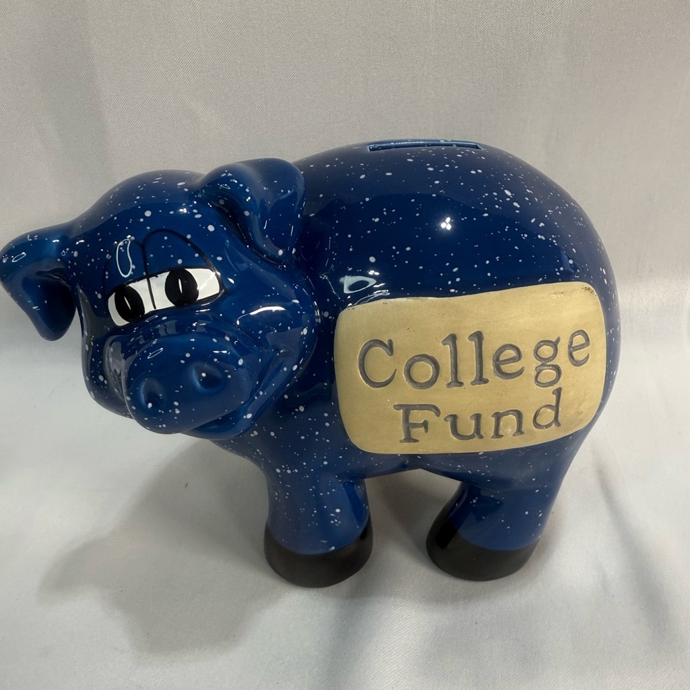 Blue Speckled Ceramic Piggy Bank “College Fund”